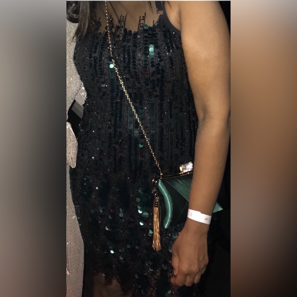 Venus Couture Large Sequin Embellished Green Dress Black mesh bodice, Size 14